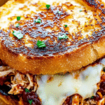 BBQ Chicken Grilled Cheese: A Quick and Tasty Family Meal 2 Golden grilled cheese sandwich cut in half showing melted cheese and BBQ pulled chicken filling, served on a wooden board with pickles