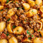 Perfekt Creamy Beef and Shells 2 Creamy beef and shells pasta in a large skillet with ground beef, shell pasta, melted cheese, and rich tomato sauce garnished with fresh herbs