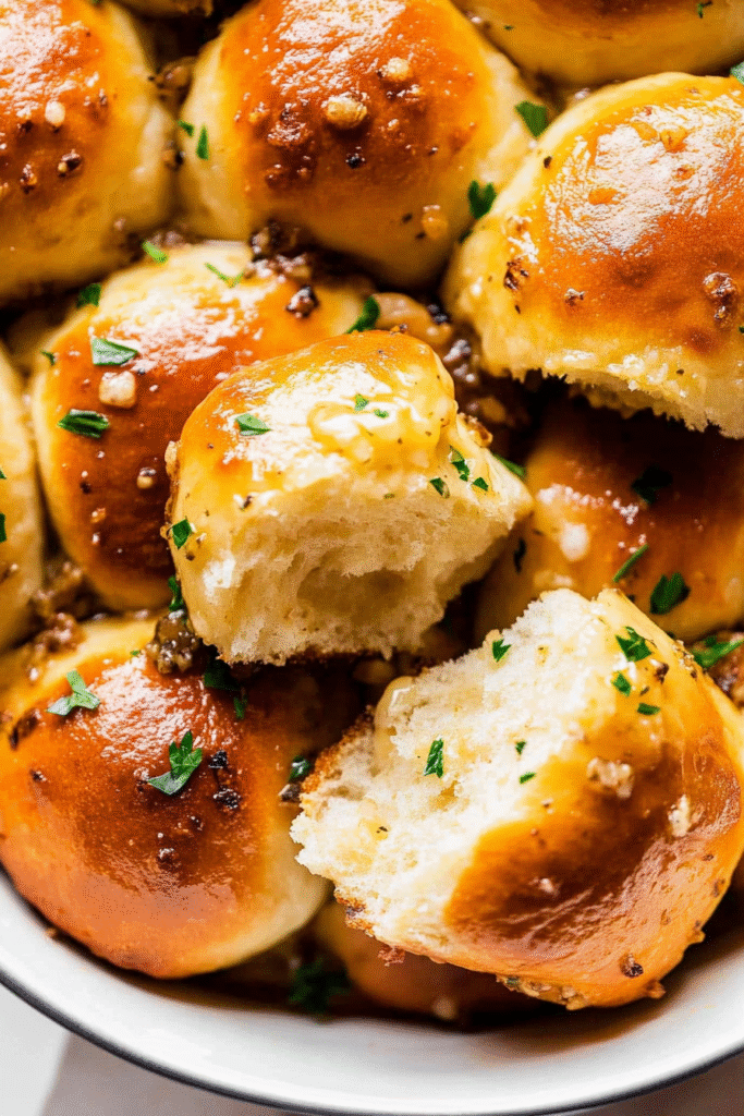 Golden brown garlic bread rolls brushed with melted garlic herb butter, arranged in a basket lined with a kitchen towel, showing their soft fluffy texture