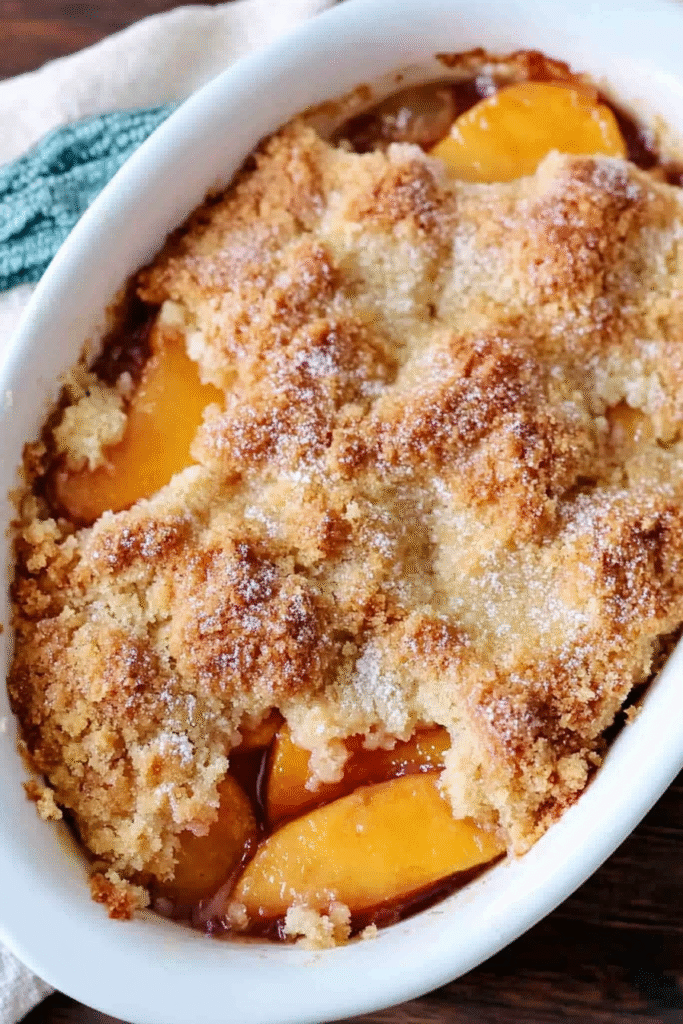 Warm homemade peach cobbler with golden crust and juicy peaches served in a baking dish