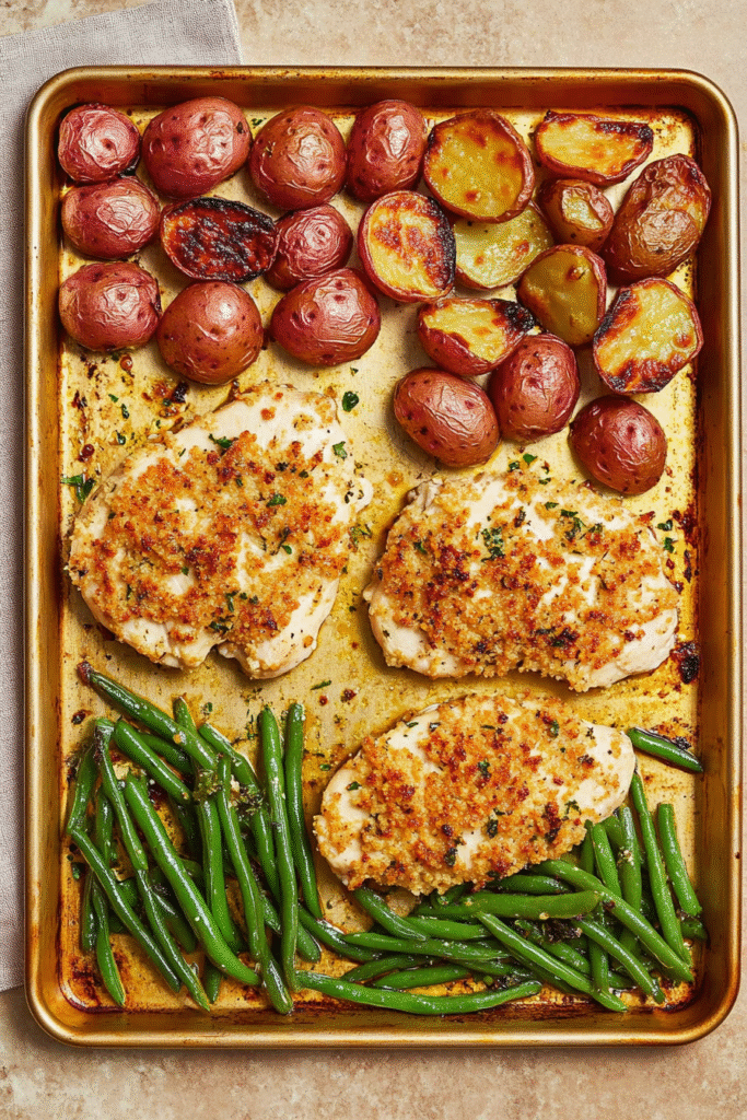 Golden brown parmesan crusted chicken breast with crispy cheese coating, sliced to show juicy interior, served on a white plate with lemon wedges