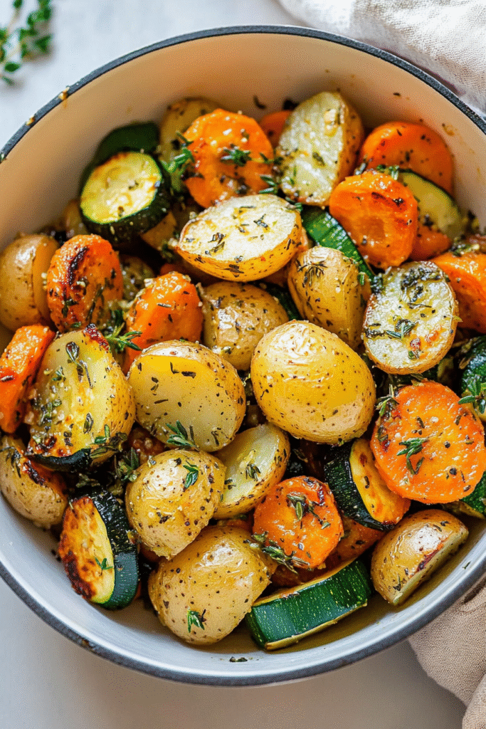 Golden brown crispy roasted potatoes with herbs and seasonings on a baking sheet, showing their perfectly caramelized exterior and fluffy interior