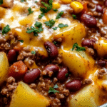 Slow Cooker Cowboy Casrole - The Ultimate Easy Recipe for Busy Families 2 Hearty slow cooker cowboy casserole with ground beef, beans, corn, and melted cheese served in a rustic bowl with a wooden spoon