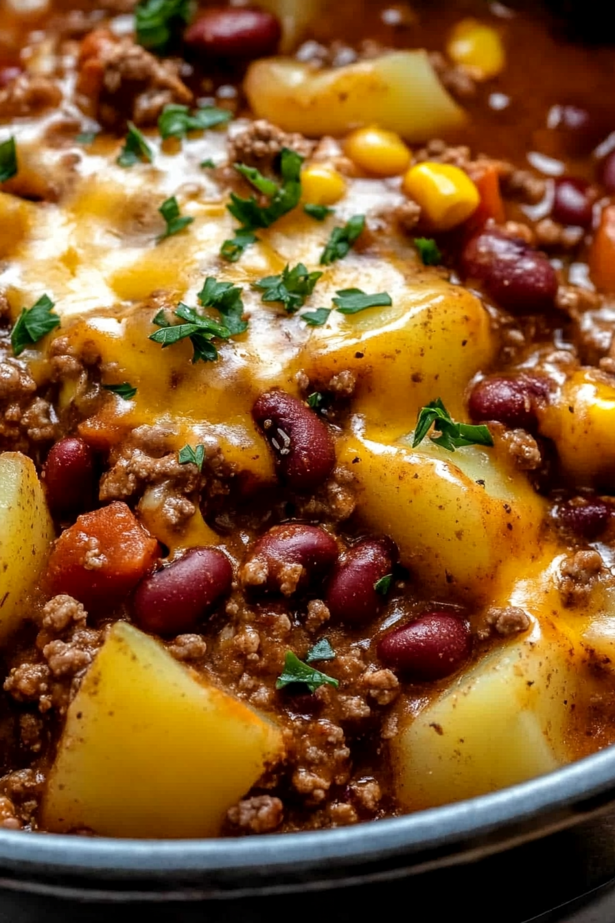 Slow Cooker Cowboy Casrole Recipe - Simple and Quick to Make Delicious Slow Cooker Cowboy Casrole Recipe Freshly Prepared on a White Plate
