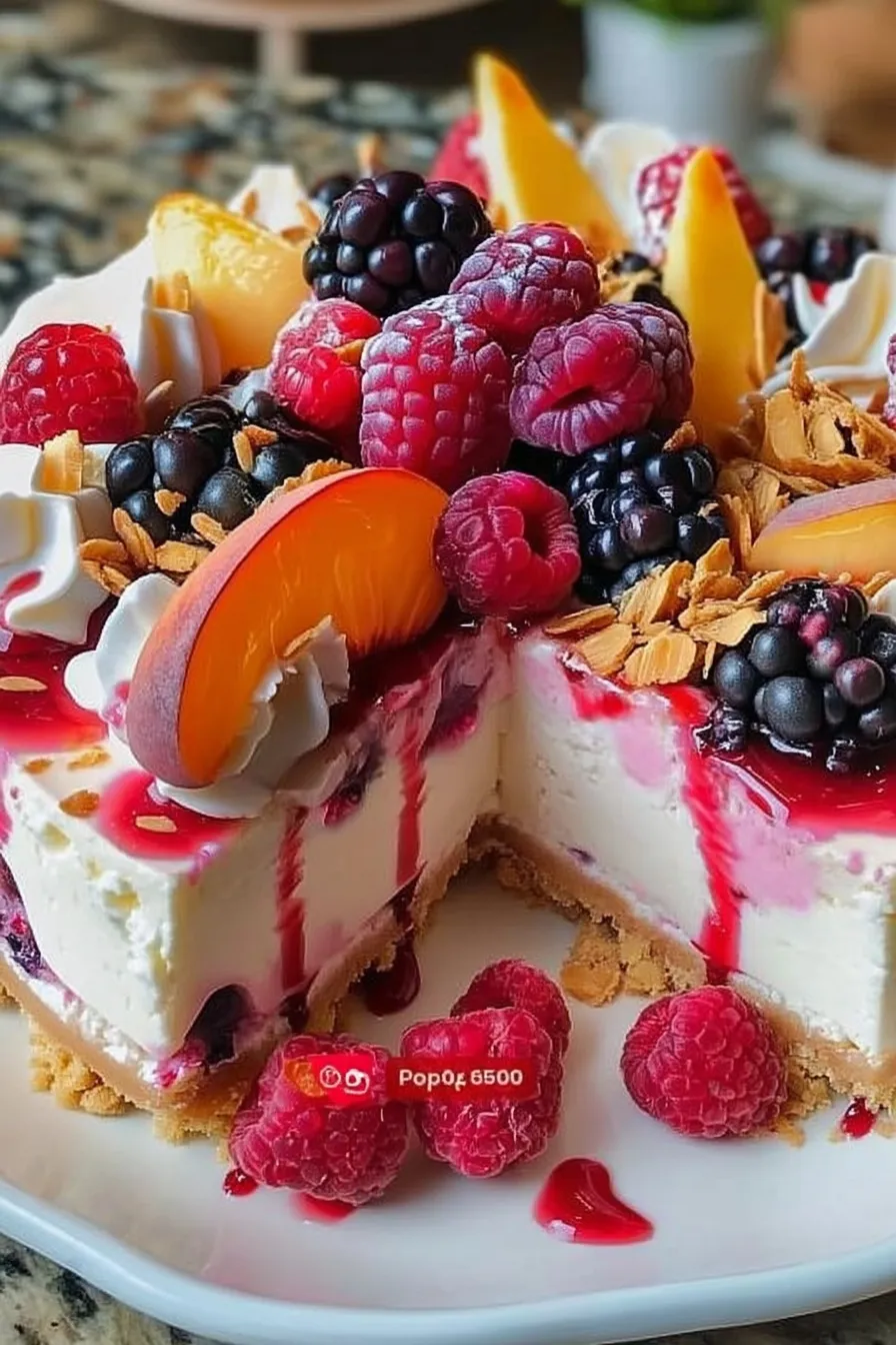 Summer Berry and Peach Cheesecake – finished dish (hero)