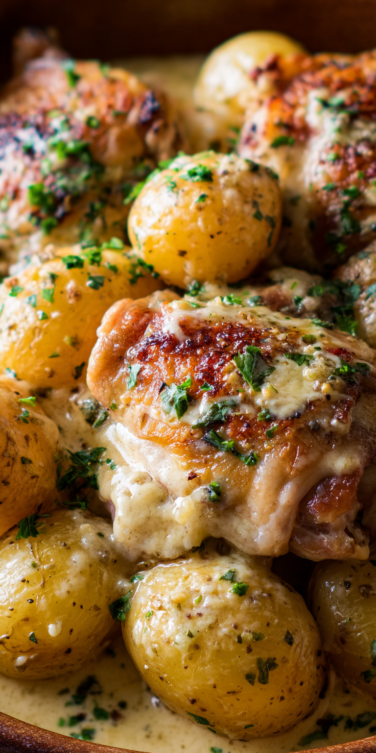 Close-up of raw chicken and potatoes with garlic and Parmesan for a crockpot recipe