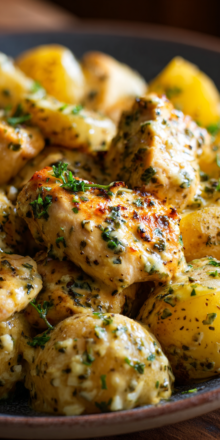 A savory plate of Garlic Parmesan Crockpot Chicken and Potatoes with tender meat and seasoned spuds