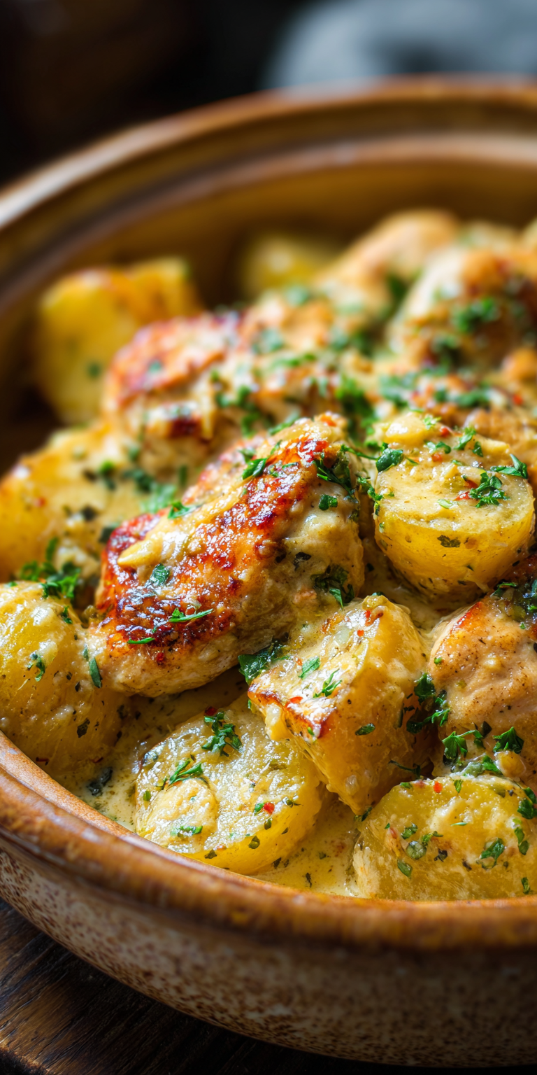A comforting plate of Garlic Parmesan Crockpot Chicken and Potatoes with tender meat and seasoned spuds