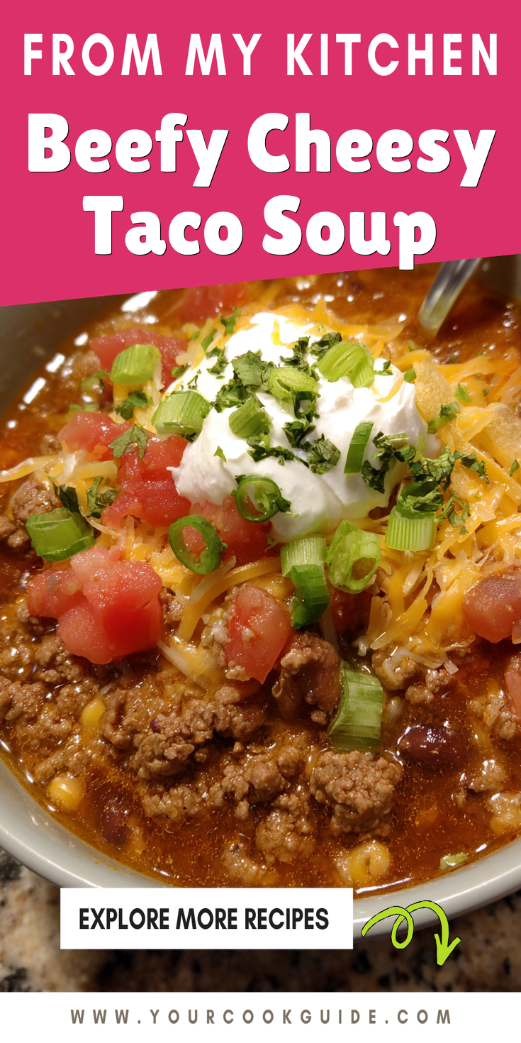 Beefy Cheesy Taco Soup served warm with cozy spices