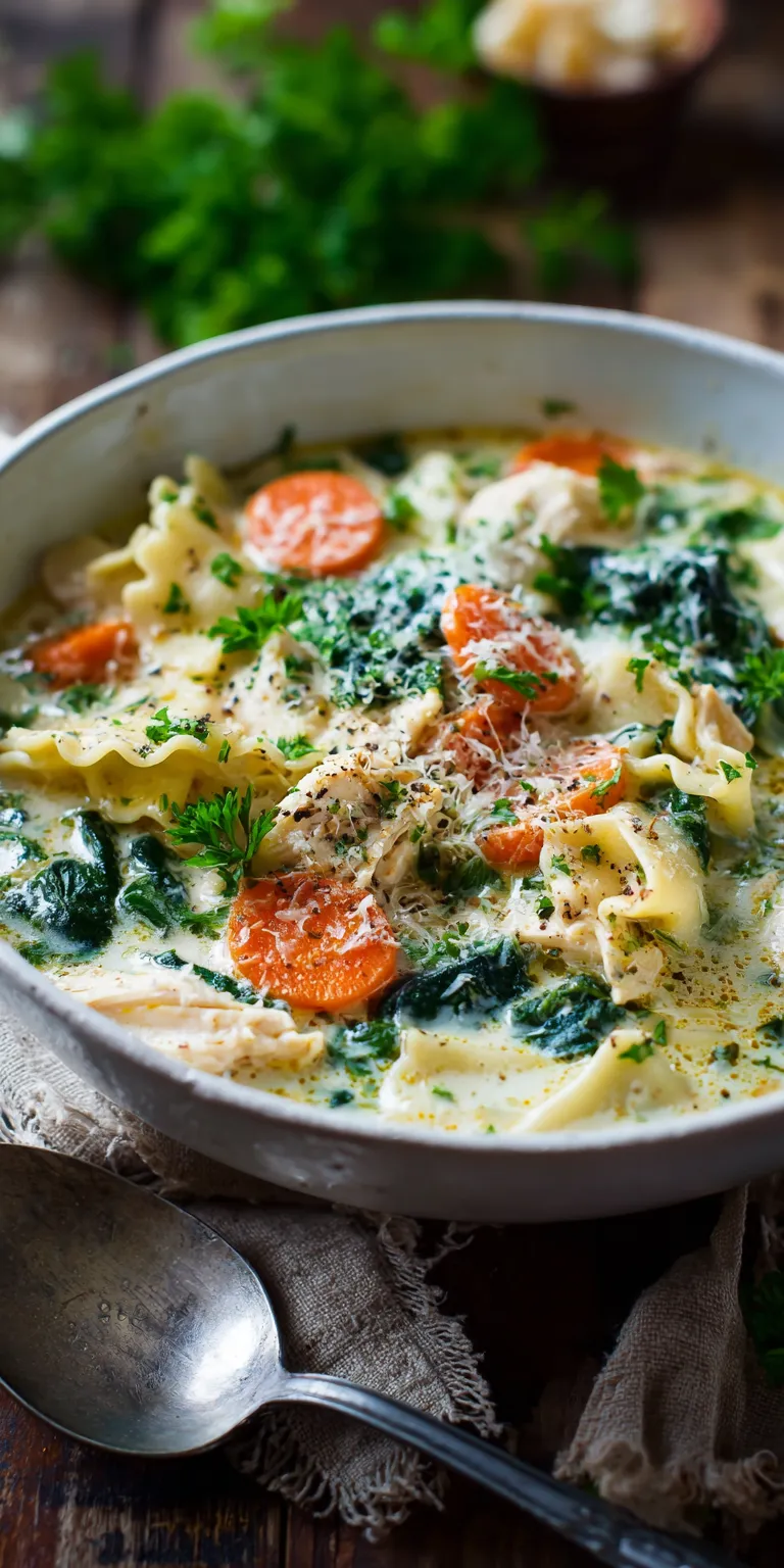A bowl of cheesy chicken lasagna soup with melted cheese and hearty broth