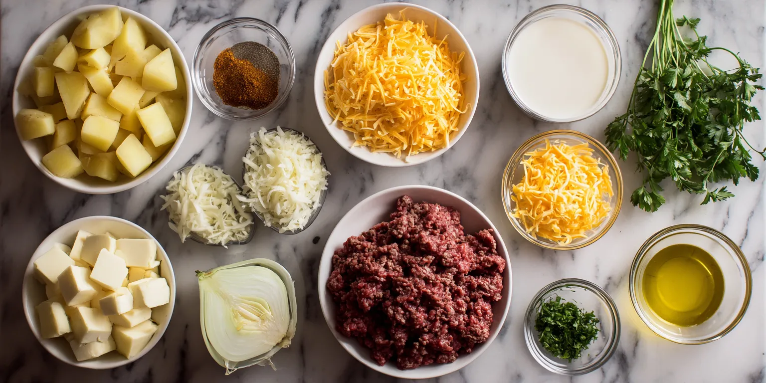 Cheesy Mashed Potato & Ground Beef Casserole served warm with cozy spices