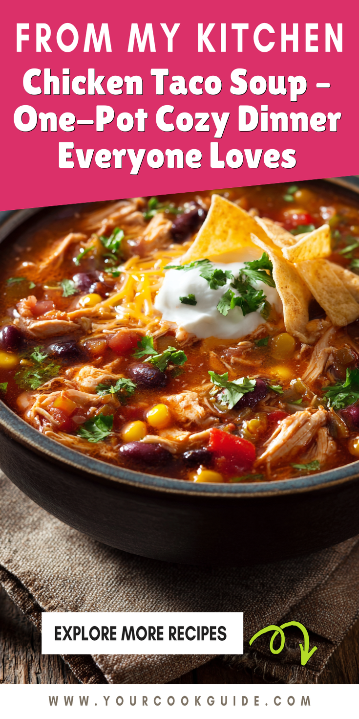 A bowl of hearty chicken taco soup with vibrant spices and toppings
