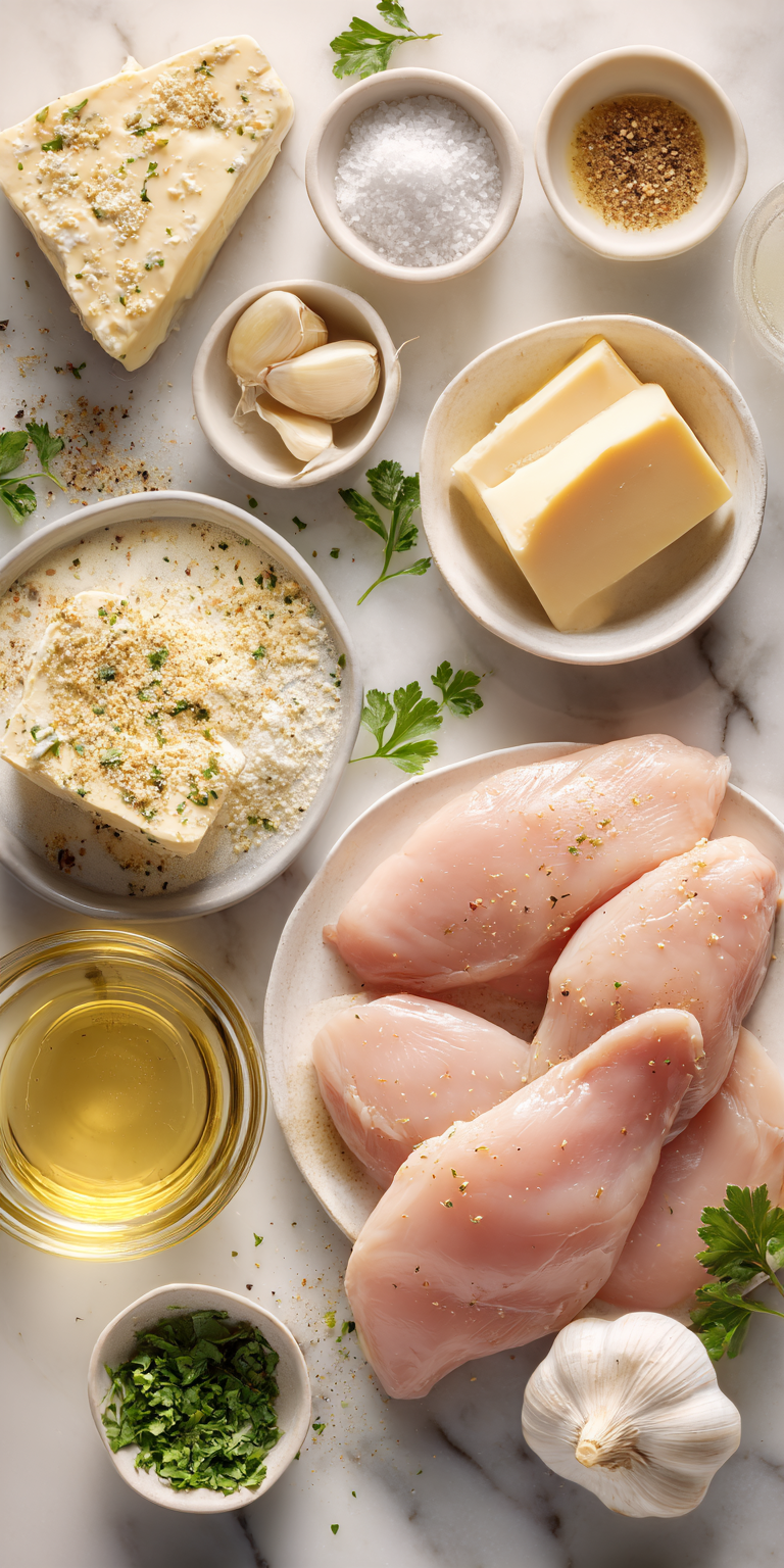 Fresh components for creamy garlic chicken arranged on a kitchen counter