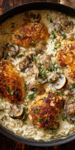 Creamy Smothered Chicken & Rice served warm with cozy spices