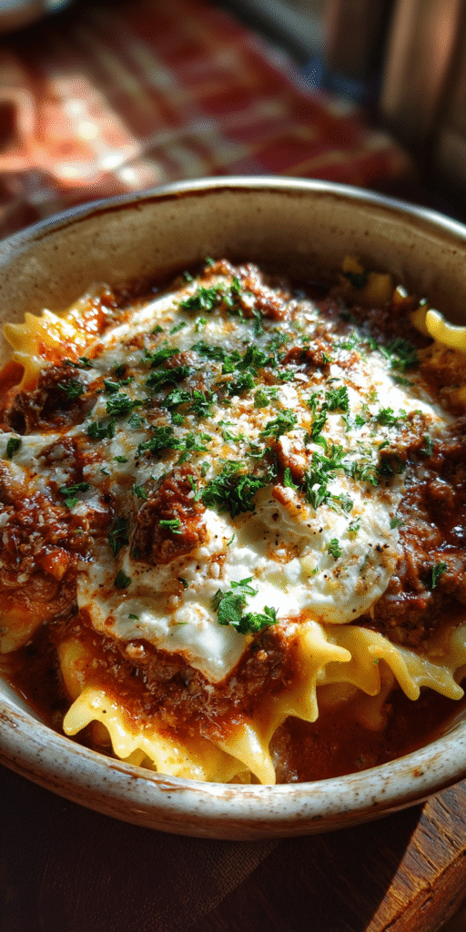 A steaming bowl of gluten-free lasagna soup with rich tomato broth and melted cheese