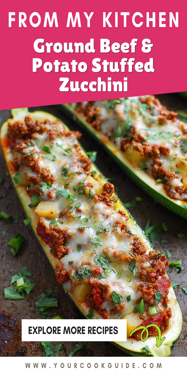 Ground Beef & Potato Stuffed Zucchini served warm with cozy spices