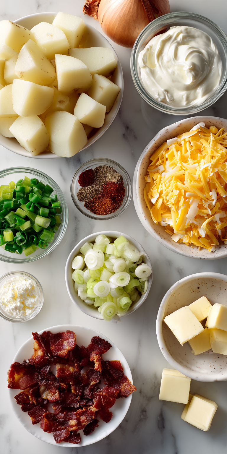 A bowl of loaded baked potato soup with chicken and bacon, showcasing fresh ingredients