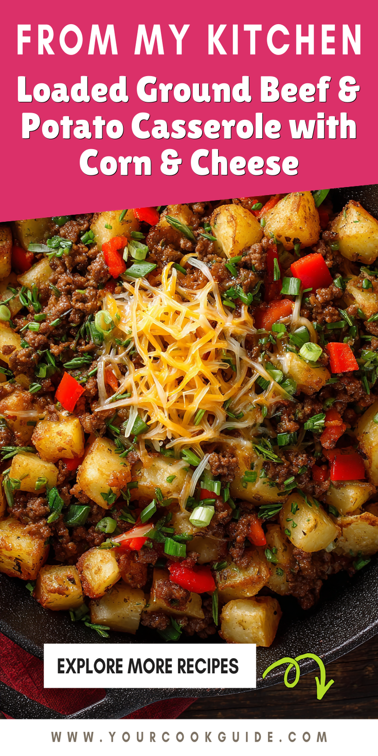 Loaded Ground Beef & Potato Casserole with Corn & Cheese served warm with cozy spices