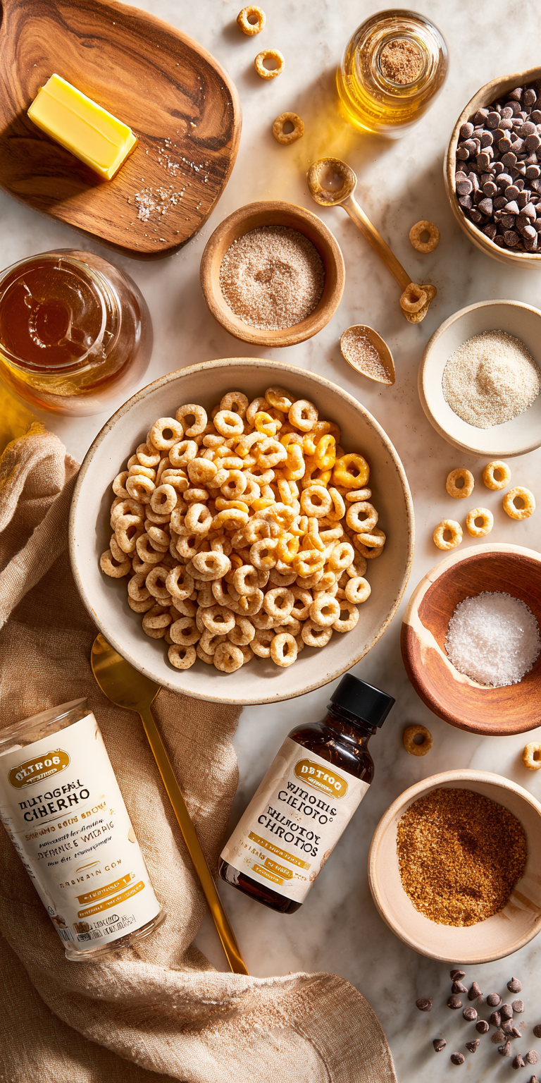 Close-up of Mini Doughnut Hot Buttered Cheerios ingredients with a buttery shine