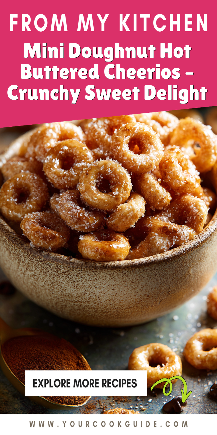 A bowl of Mini Doughnut Hot Buttered Cheerios with a crunchy, sweet glaze