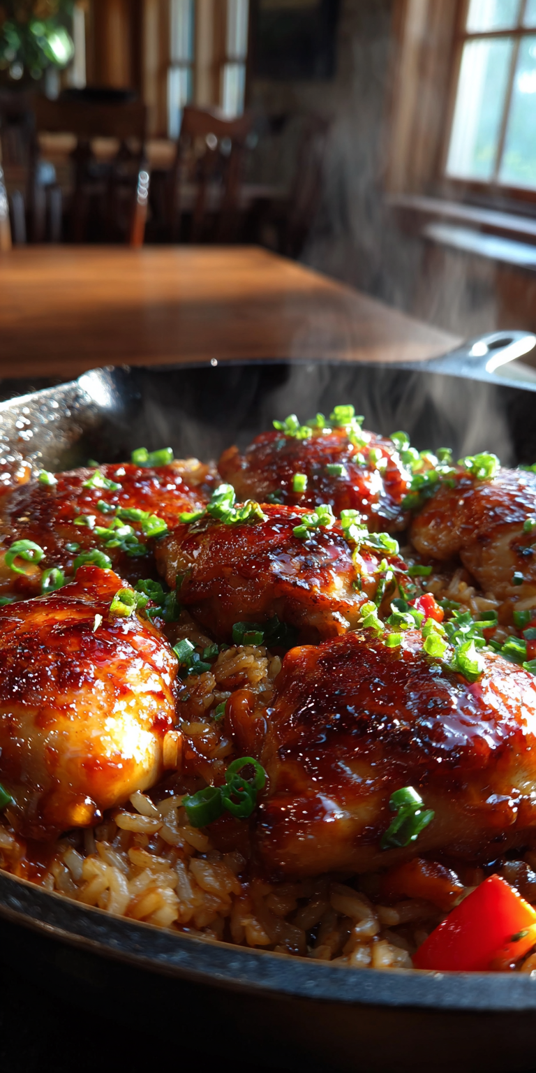One-Pan Honey BBQ Chicken Rice with a sweet, sticky glaze