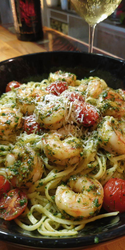 Pesto Shrimp Scampi served warm with cozy spices