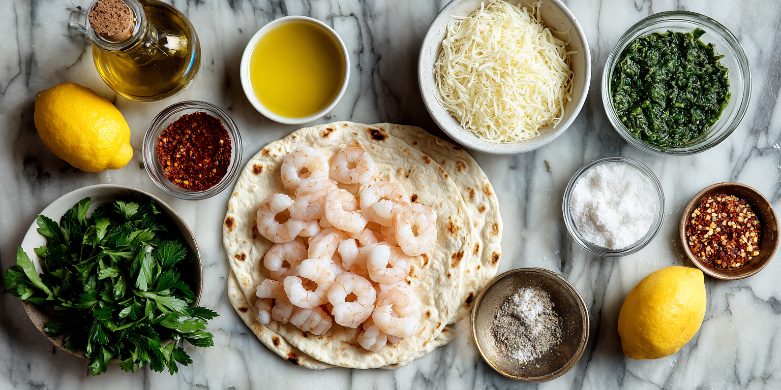 Shrimp Scampi Flatbread Pizza served warm with cozy spices