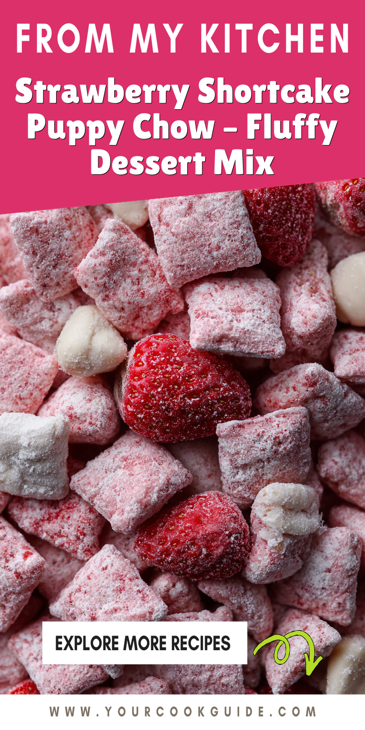 Strawberry Shortcake Puppy Chow – Fluffy Dessert Mix served warm with cozy spices