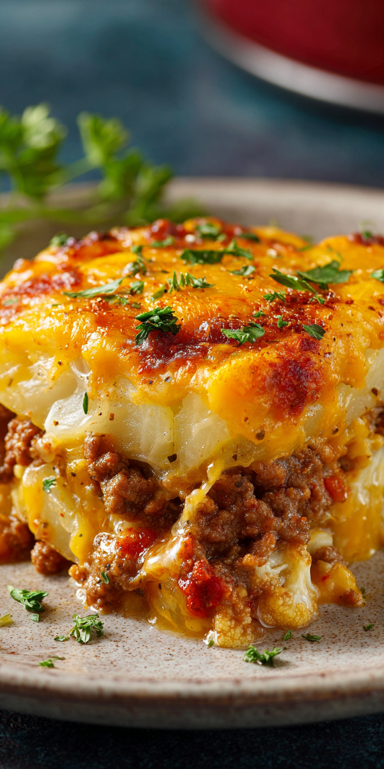 Cheesy Cauliflower & Ground Beef Potato Bake served warm with cozy spices