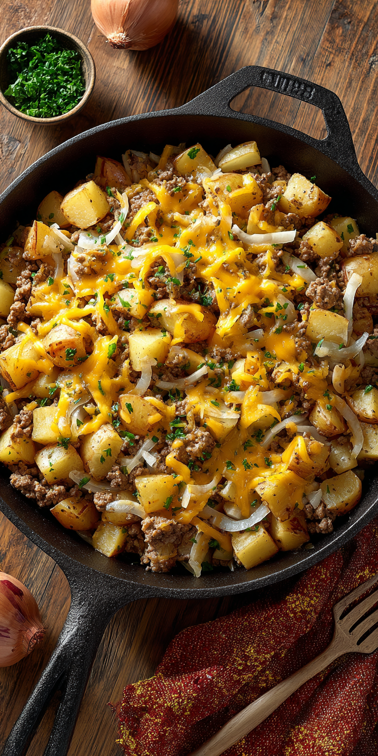 Cheesy Ranch Ground Beef & Potato Skillet | Easy One-Pan Dinner served warm with cozy spices