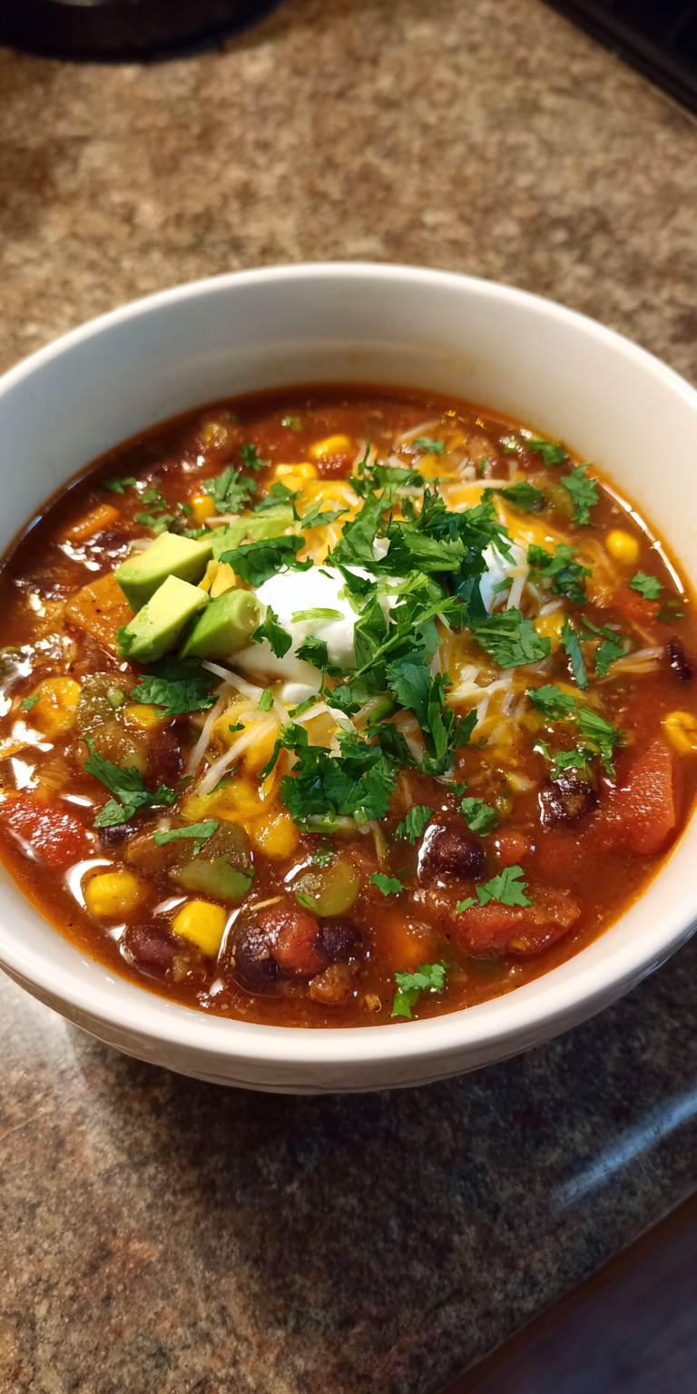 Cozy Southwest Black Bean Taco Soup Recipe served warm with cozy spices