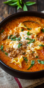 Creamy Beef Lasagna Soup served warm with gentle spices and a cozy aroma
