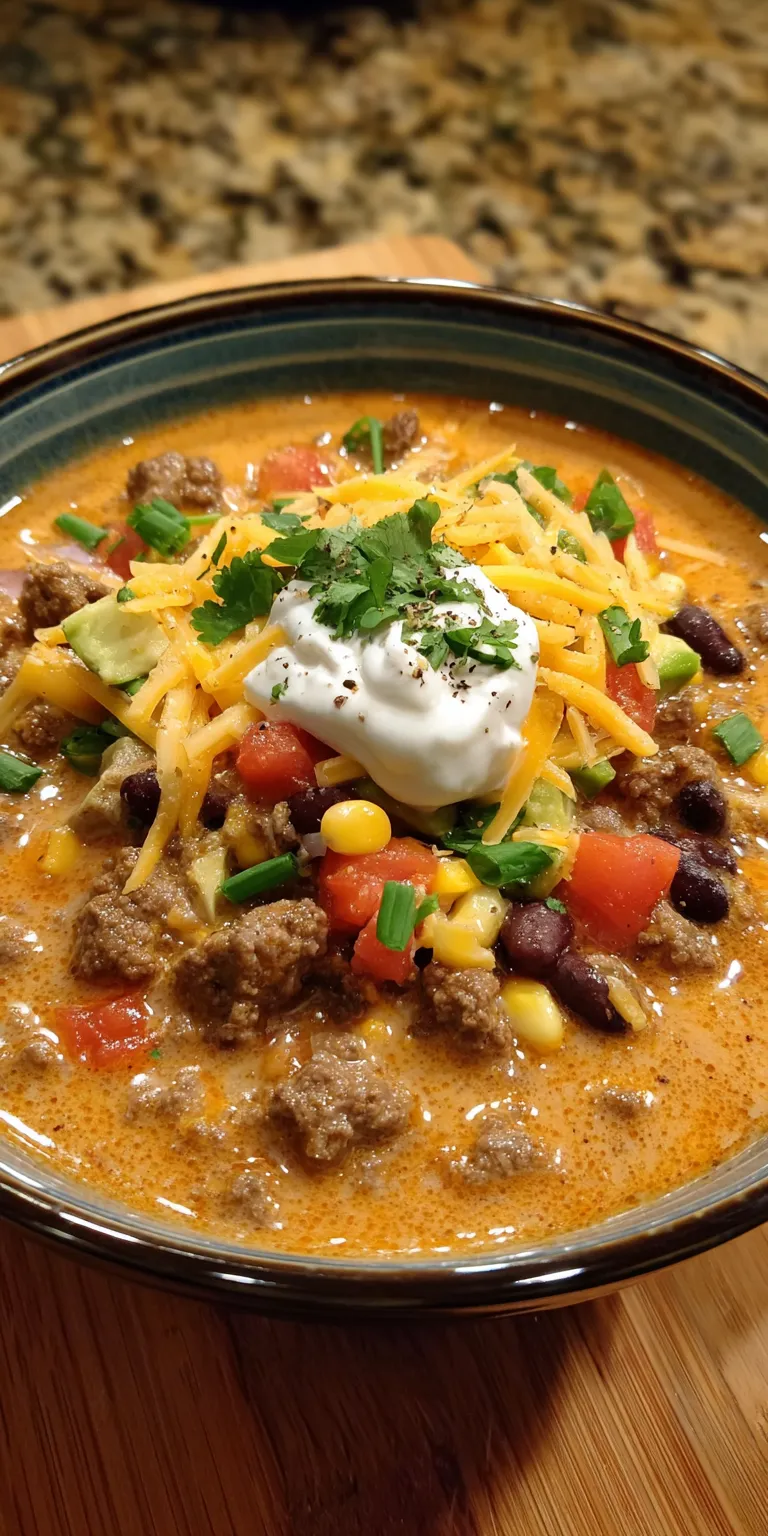 Creamy Beef Taco Soup: Your Ultimate Cozy Dinner served warm with cozy spices