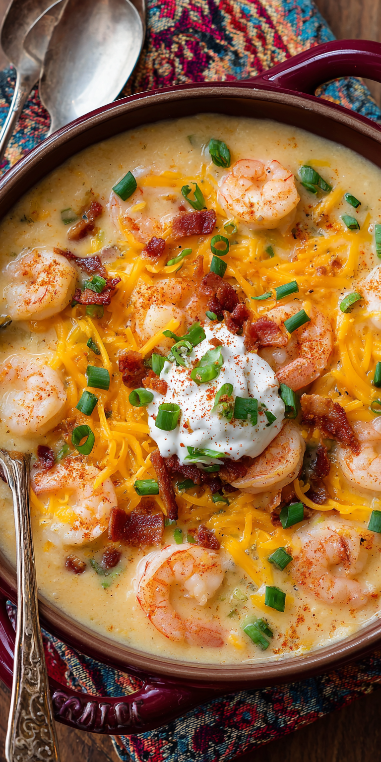 Creamy Loaded Baked Potato Soup with Shrimp served warm with cozy spices