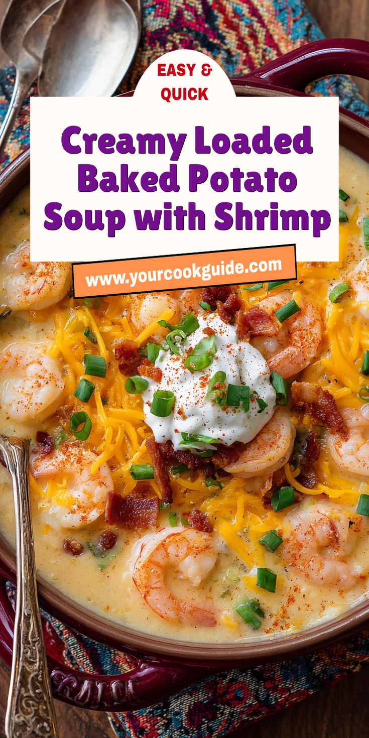 Creamy Loaded Baked Potato Soup with Shrimp served warm with cozy spices