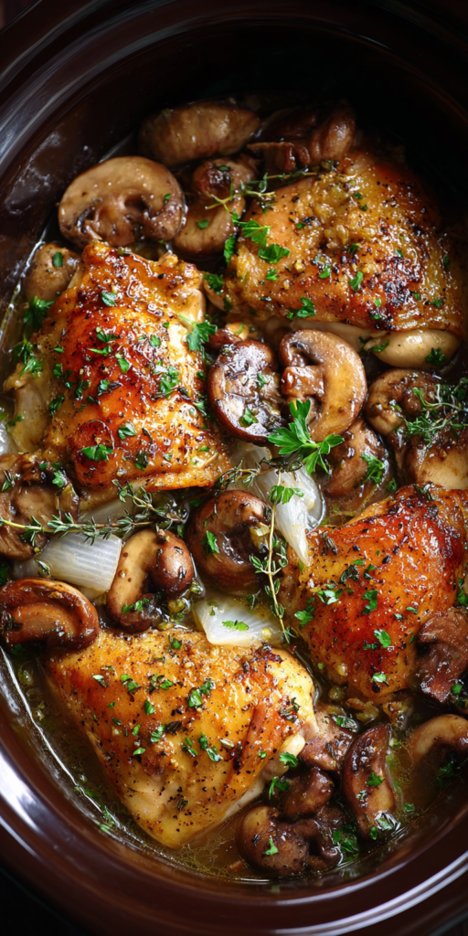 Crockpot Chicken with Mushrooms and Thyme served warm with cozy spices