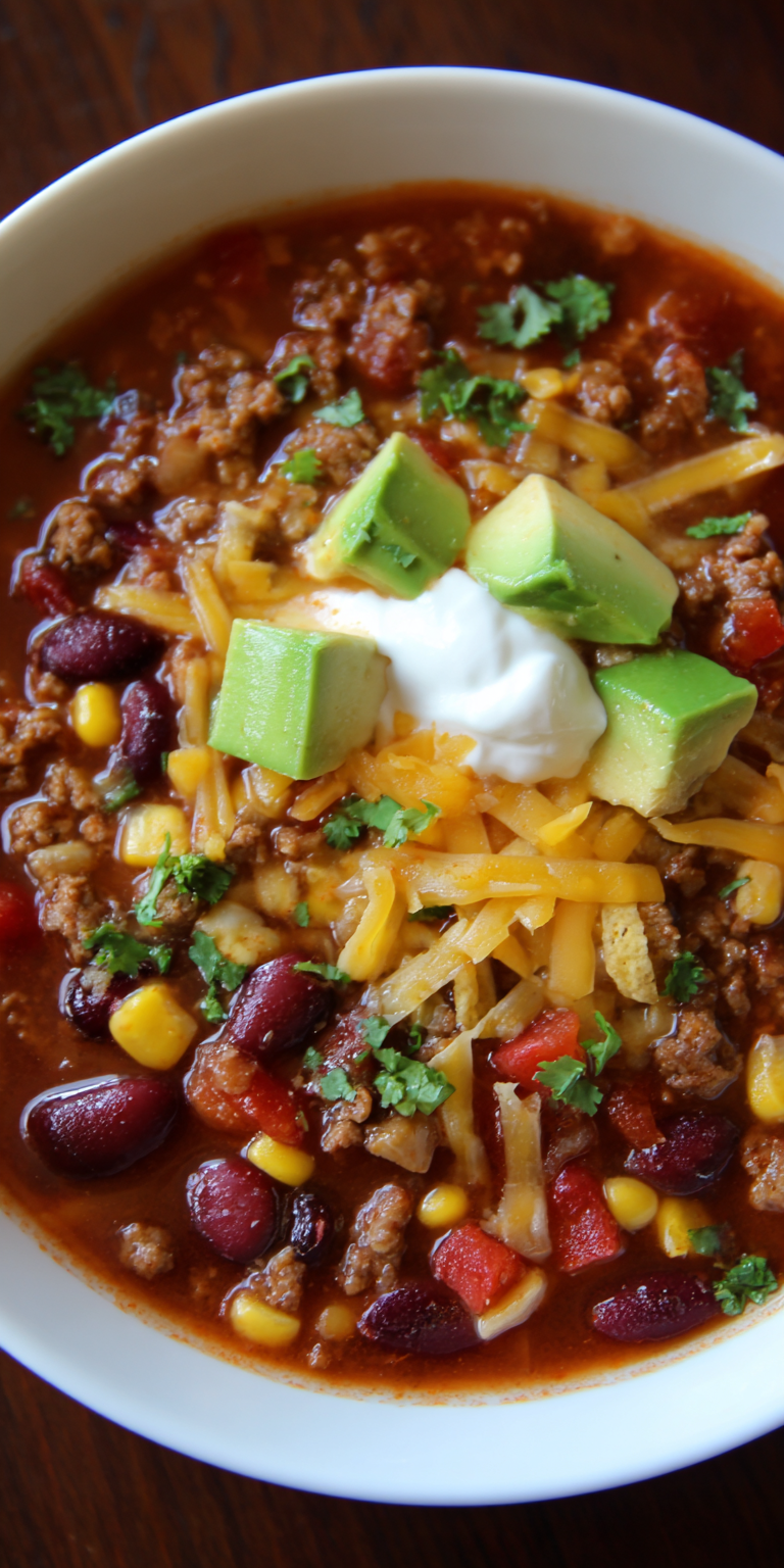 Easy 7 Can Ground Beef Taco Soup served warm with cozy spices