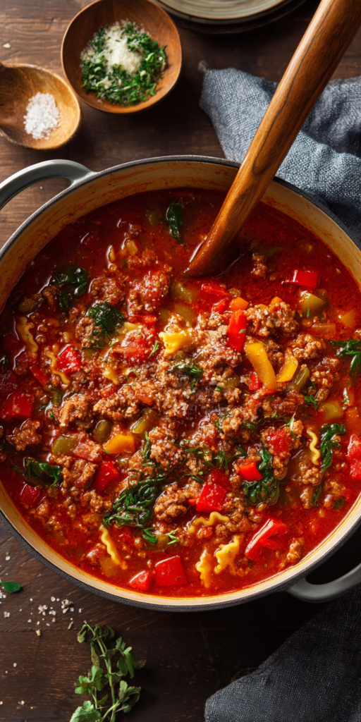 Italian Sausage & Bell Pepper Lasagna Soup served warm with cozy spices