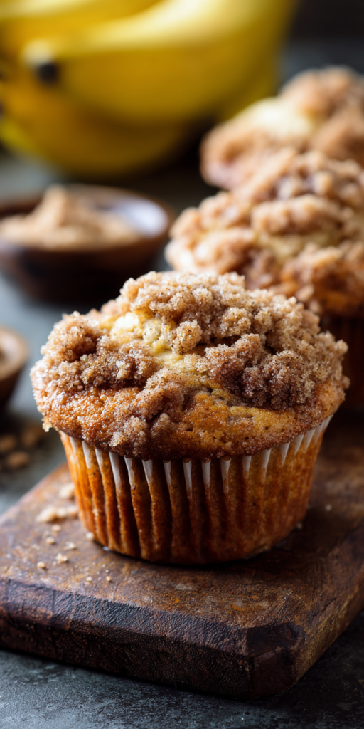 Moist Banana Muffins with Irresistible Streusel Topping served warm with cozy spices