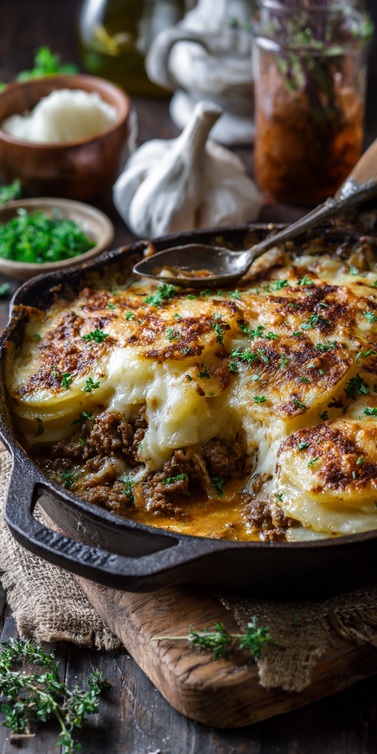 Rustic Ground Beef & Potato Gratin: Easy Family Dinner served warm with cozy spices