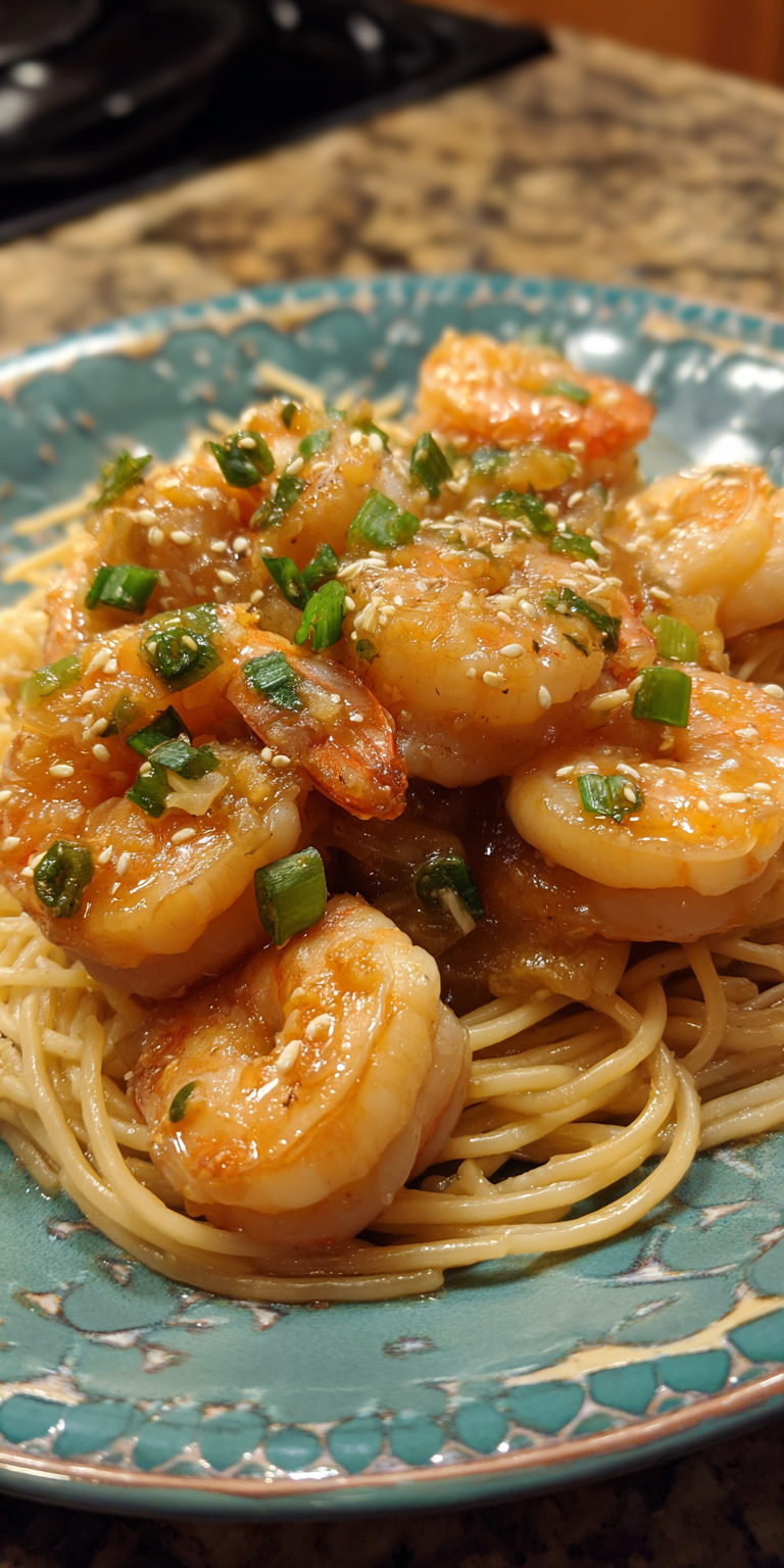 Teriyaki Shrimp Scampi served warm with cozy spices