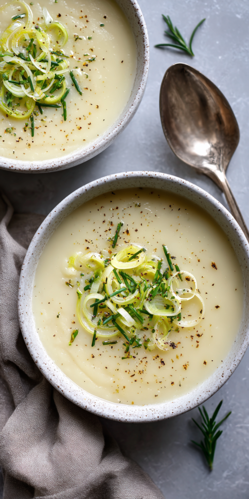 Vegan Potato Leek Soup served warm with cozy spices