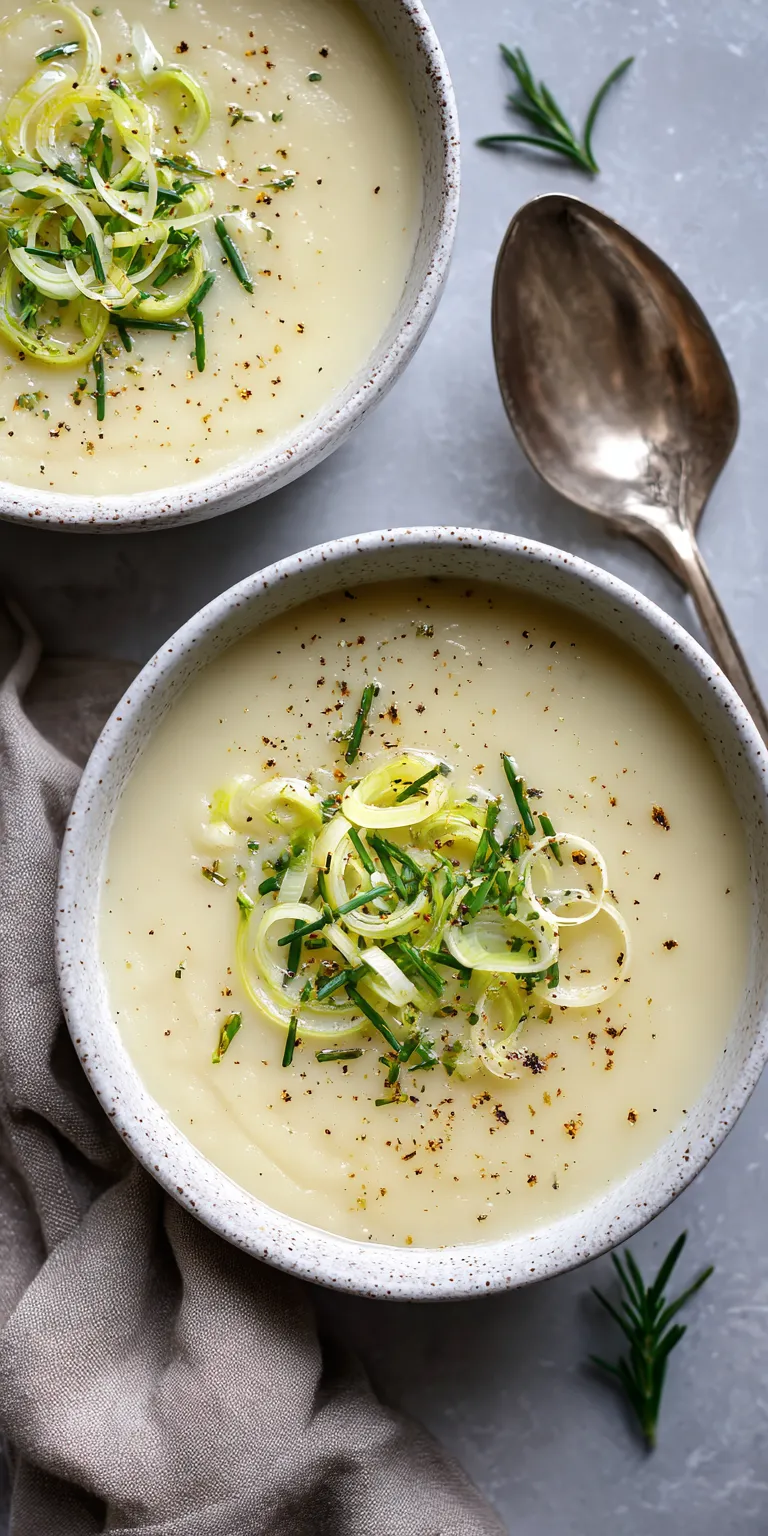Vegan Potato Leek Soup served warm with cozy spices