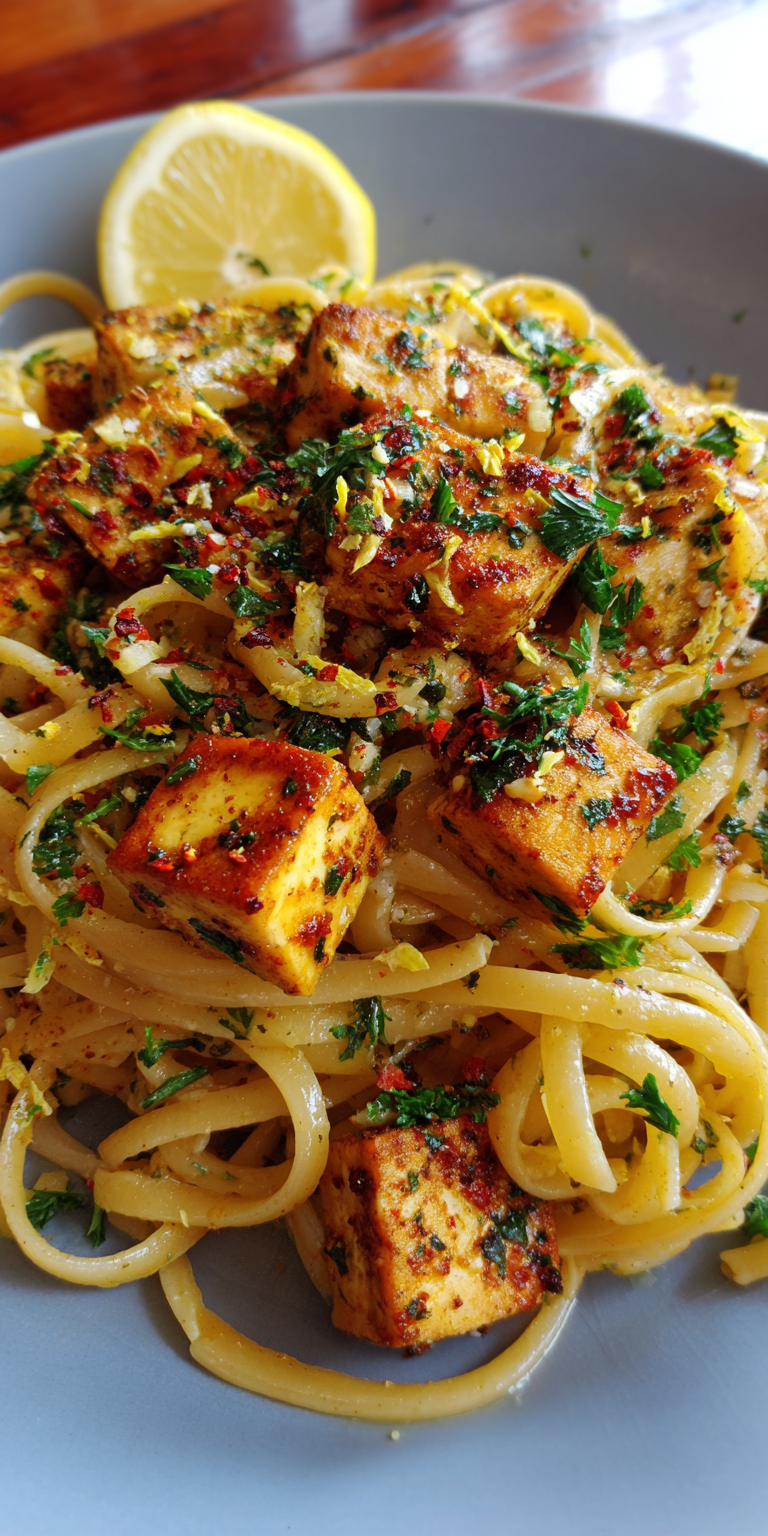 Vegan Tofu Scampi served warm with cozy spices