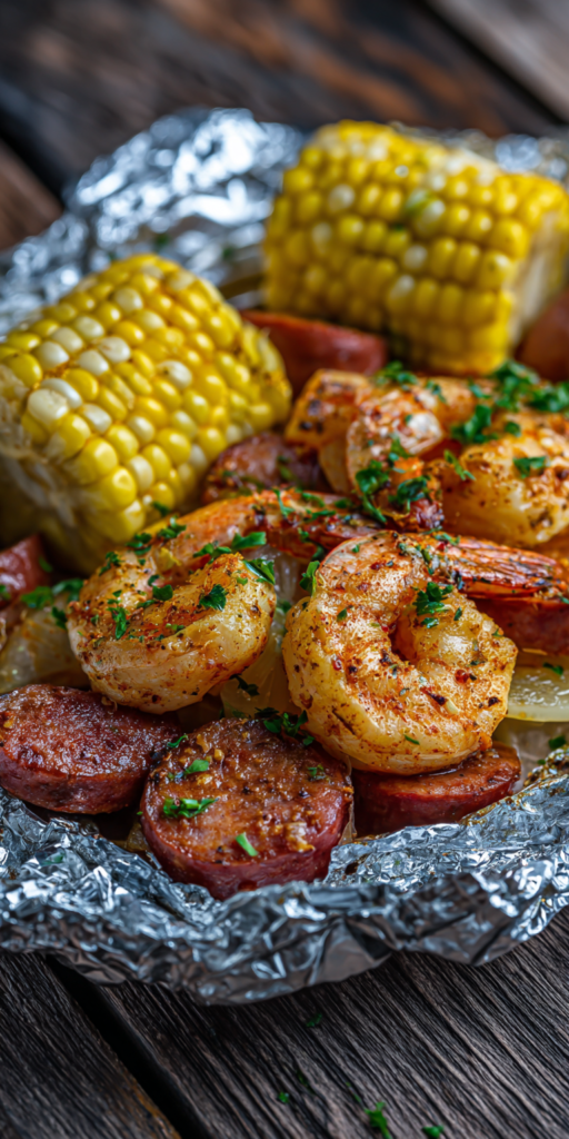 Cajun Spiced Foil Packet Shrimp with Corn & Sausage served warm with cozy spices