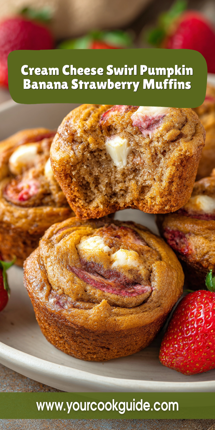 Cream Cheese Swirl Pumpkin Banana Strawberry Muffins served warm with cozy spices