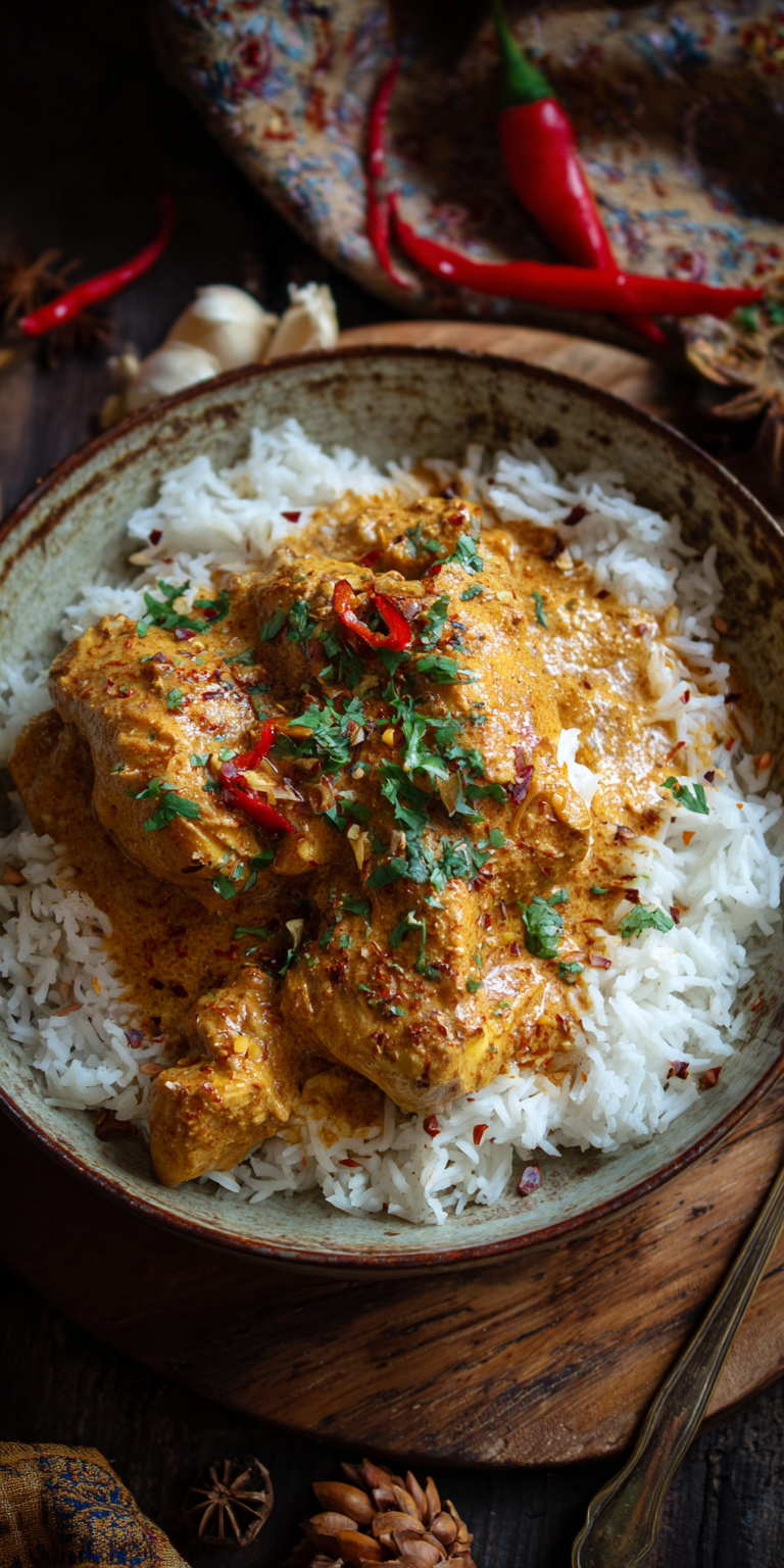 Creamy Coconut Harissa Chicken Curry served warm with cozy spices