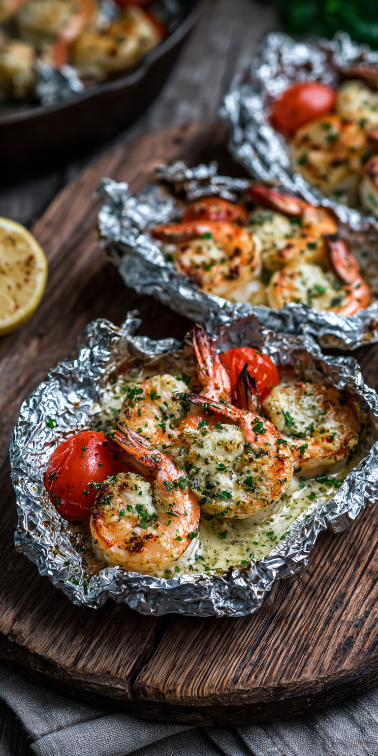 Creamy Parmesan & Pesto Shrimp Foil Packets served warm with cozy spices