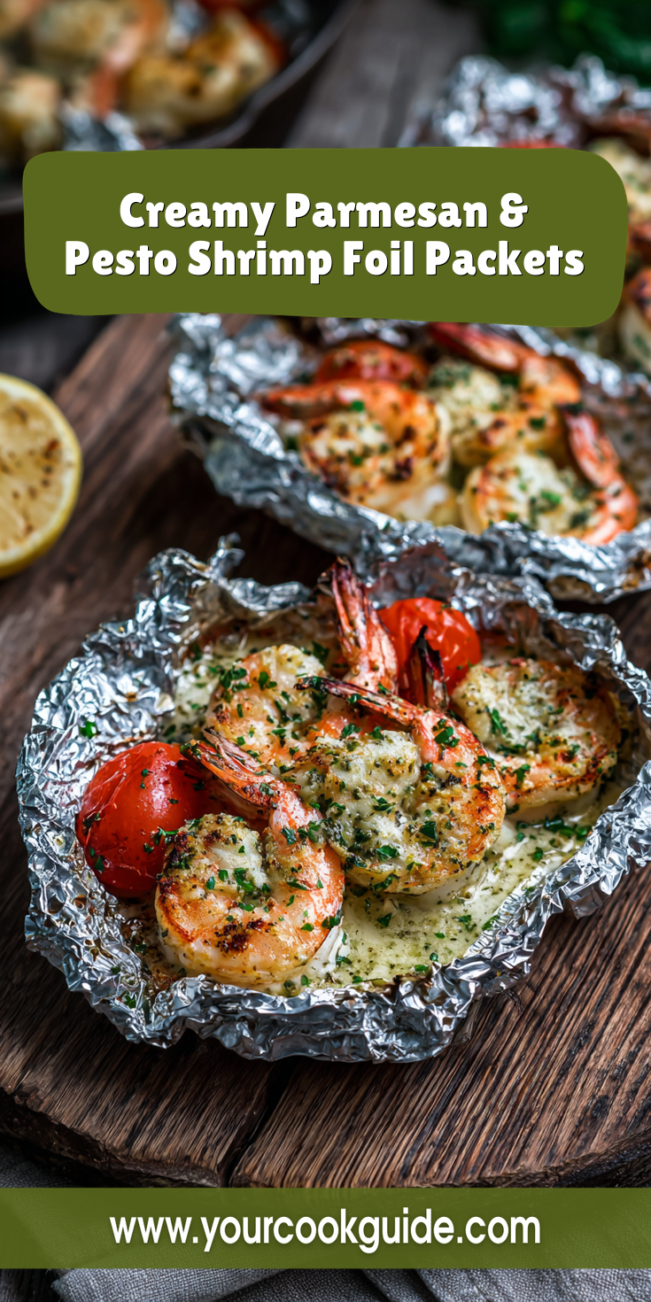 Creamy Parmesan & Pesto Shrimp Foil Packets served warm with cozy spices