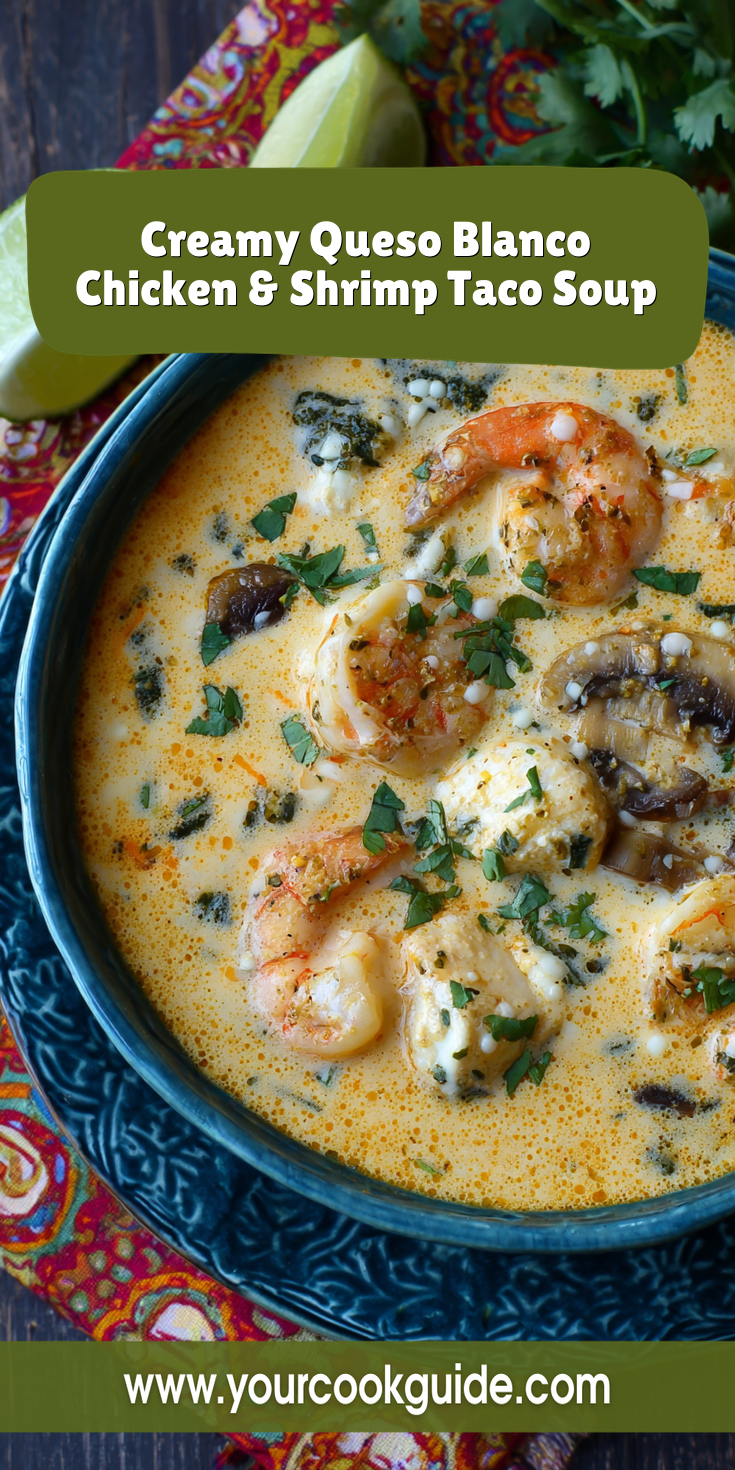 Creamy Queso Blanco Chicken & Shrimp Taco Soup served warm with cozy spices